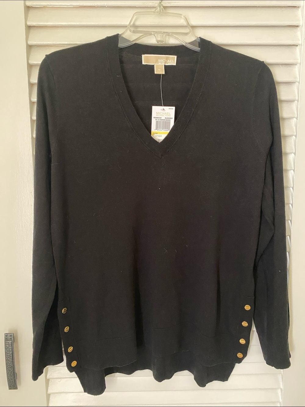 Michael Kors Black V-Neck Sweater with Gold-Tone Side Buttons